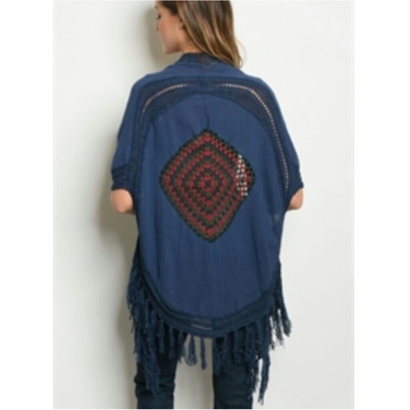 ODDY Boho Navy Fringe Linen Blend Kimono. One Size. NWT - Picture 1 of 10